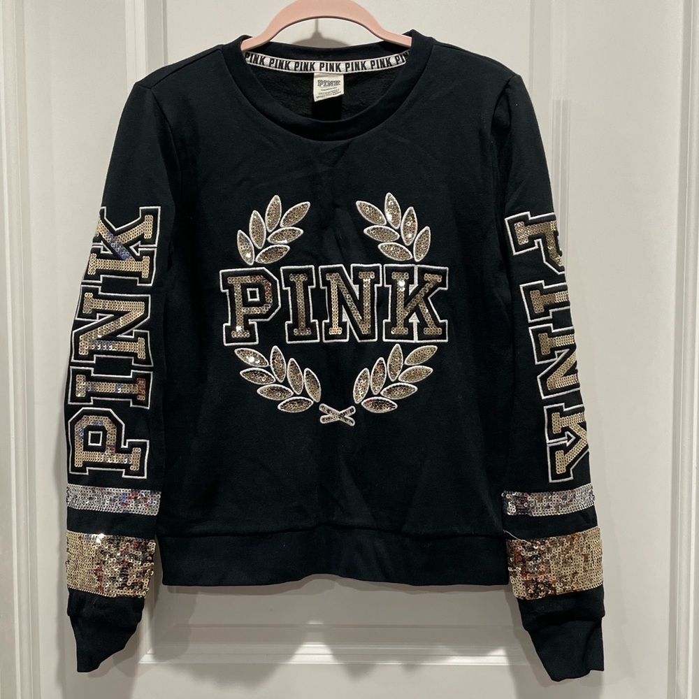 PINK Victoria's Secret Black Sweater with Gold Sequins Y2K Rare Size Small - Picture 2 of 6